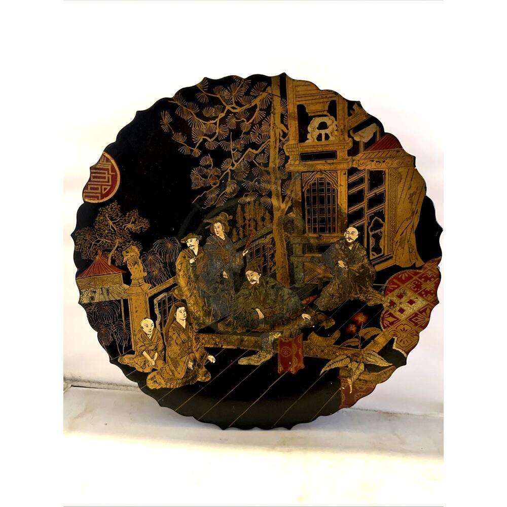 Antique Chinese decorated lacquered footed Wooden plate Mid 19th century